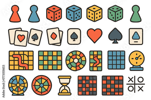 Board game elements icon set – colorful dice, tokens, cards, spinners, and boards