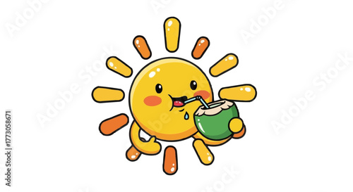 A radiant cartoon sun enjoying a refreshing coconut drink, evoking summer vibes and cheerful, tropical hydration.
