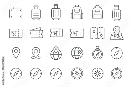 Minimal travel and navigation line icons – suitcase, map, ticket, compass, pin