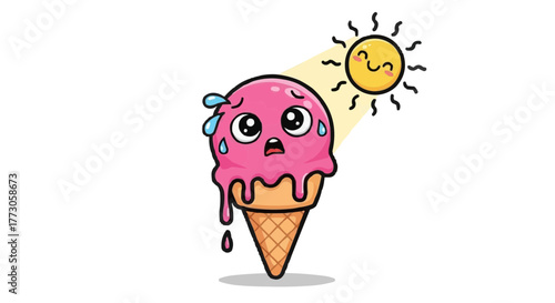 Cartoon ice cream cone melting under the sun, representing the concept of summer heat and perishable treats.