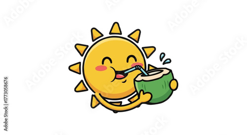 Cheerful sun cartoon character sips refreshing coconut drink with a straw, embodying summer hydration.