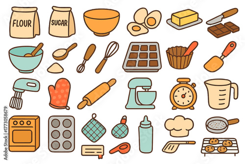 Baking essentials icon set – cute illustrated baking tools and ingredients