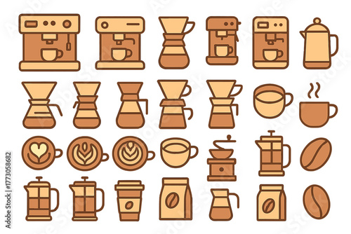 Coffee brewing icons – espresso machines, pour-over, mugs & beans in modern outline style