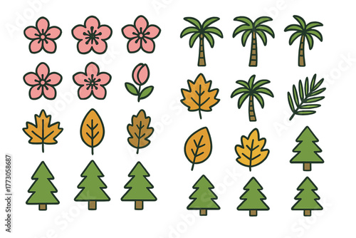 Seasonal plant icons – spring flowers, tropical palms, autumn leaves & evergreen trees