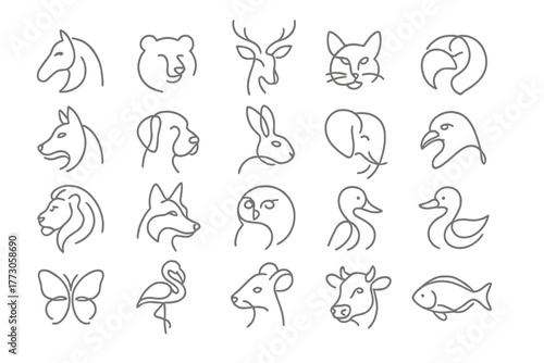 Elegant animal head line art icons – minimalist wildlife and pets