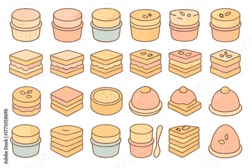 Colorful assortment of delicious desserts on a table with various shapes and flavors