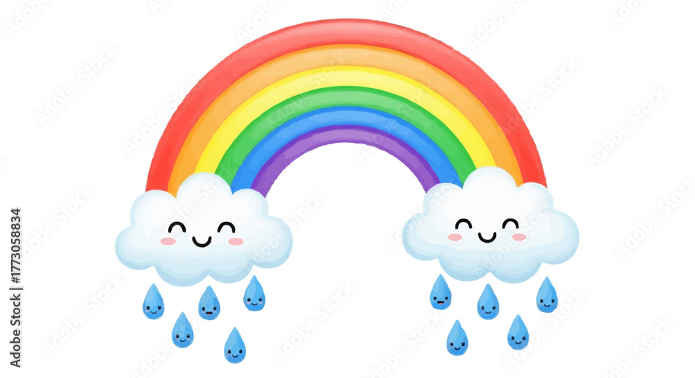 Obraz premium A delightful scene with a colorful rainbow arcing across the sky, anchored by smiling clouds and playful raindrops.