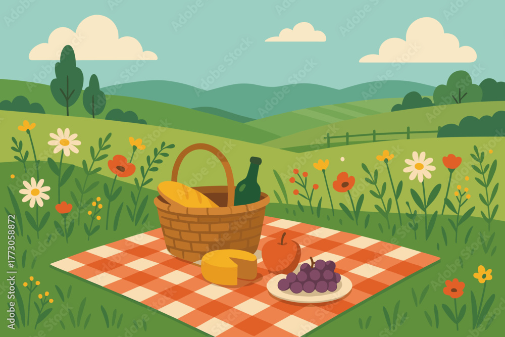 Fototapeta premium Enjoying a sunny picnic in a colorful meadow with delicious food and a beautiful landscape