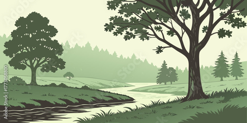 Lush green forest landscape with pine trees by a lake under a blue sky