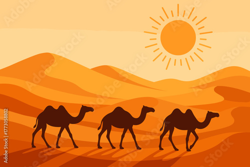 Camels walking through a sunlit desert landscape with rolling sand dunes at midday