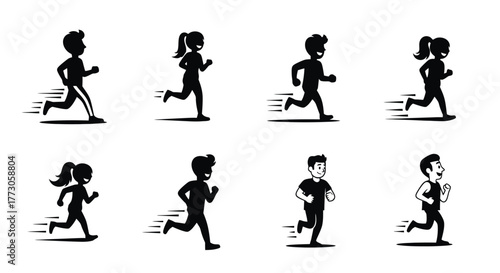 Set of Running People Silhouettes Illustrating Movement and Fitness Activity with Speed Lines for Active Lifestyles and Healthy Habits