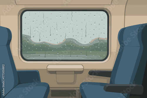 Rain falls softly on a train window while empty seats wait for passengers during a quiet journey through the countryside