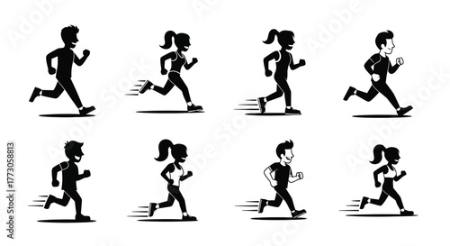 Set of eight cartoon style running figures with happy expressions on a plain white background ideal for health and fitness themes. Includes both men and women runners
