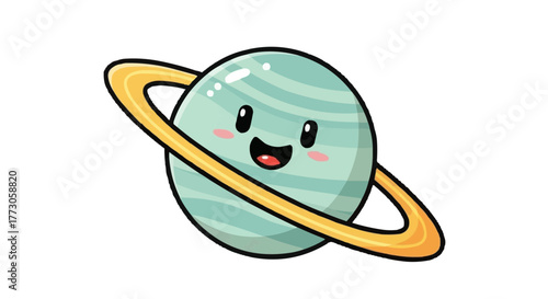 Cartoon style planet with a ring and a cute face featuring rosy cheeks and a big smile in empty black space.
