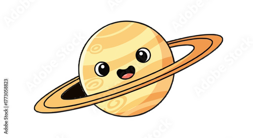 Cartoon Saturn gleefully floats in the black void, its cheerful eyes and rings radiating cosmic joy and playful charm.