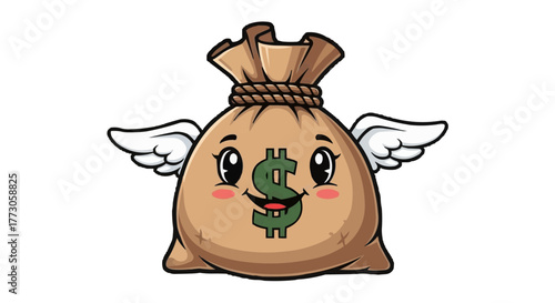 A cartoon money bag with wings, a dollar sign face, and a happy expression flies on a solid transparent background.