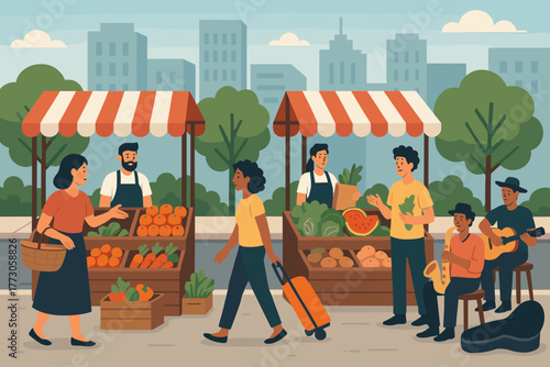 Colorful street market with fresh produce and live music in an urban setting during the day