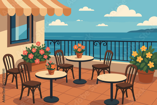 Outdoor cafe terrace with ocean view and flower pots
