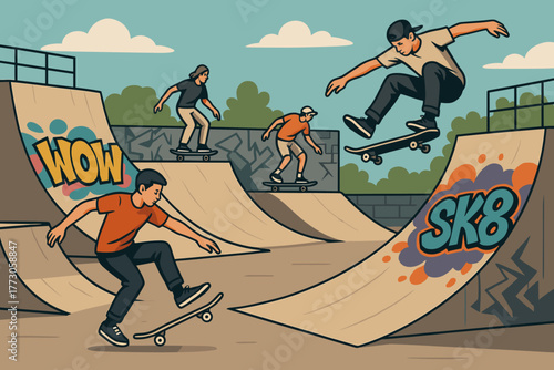 Group of skateboarders performing tricks at urban skatepark