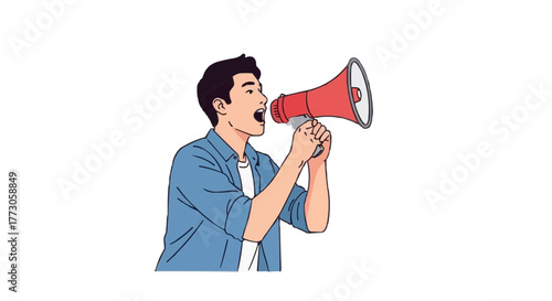 Illustration of a man shouting into a red megaphone, likely making an announcement or advocating for a cause.