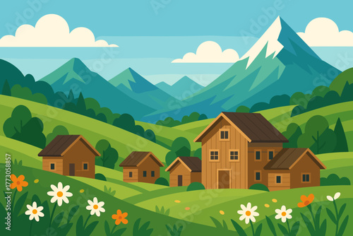 Charming rustic village nestled in green hills with mountains in the distance on a sunny day