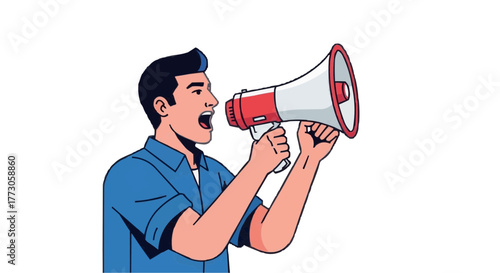 Cartoon man shouts into megaphone, amplifying his voice for a public announcement, speech, or broadcast to a crowd.