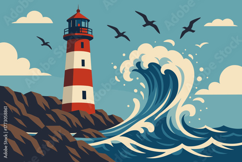 Waves crashing on rocky shore near red and white striped lighthouse under a clear sky with soaring birds