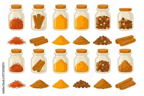 Spices and seasonings icon set in jars and piles