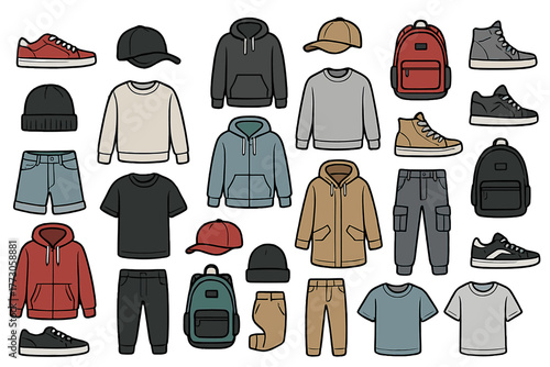 Casual streetwear clothing and accessories icons – seamless pattern collection
