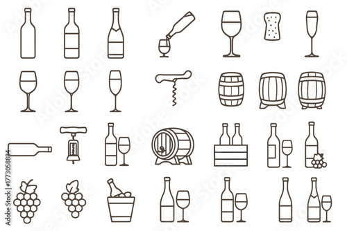 Wine and vineyard icons seamless pattern – bottles, glasses, barrels, and grapes