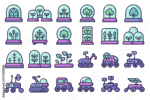 Futuristic space farming and rover icon set