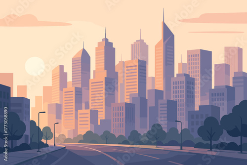 Bright sunset illuminates a modern city skyline with towering buildings and a serene road