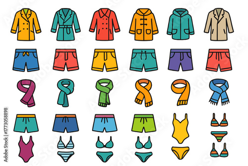 Seasonal clothing and swimwear icon set