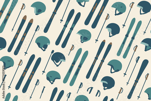 Seamless ski gear pattern with helmets, skis, and poles
