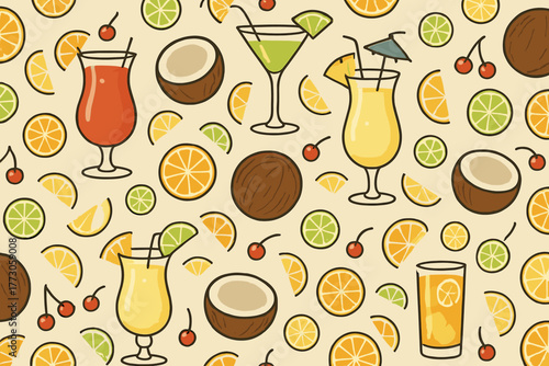 Seamless tropical cocktail pattern with fruits and coconuts