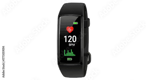 Sleek black fitness tracker displaying heart rate, battery, and BPM on a modern digital interface.