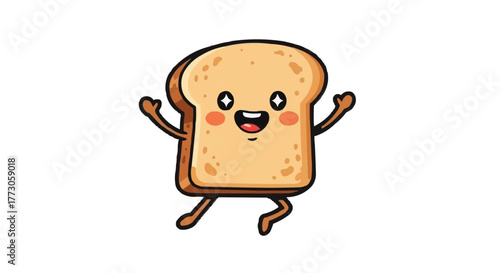 Joyful slice of toast with arms and legs, radiating happiness, standing against a transparent background with cute face