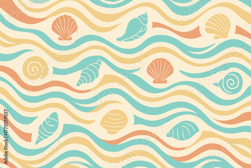 Seamless beach pattern with colorful seashells and waves