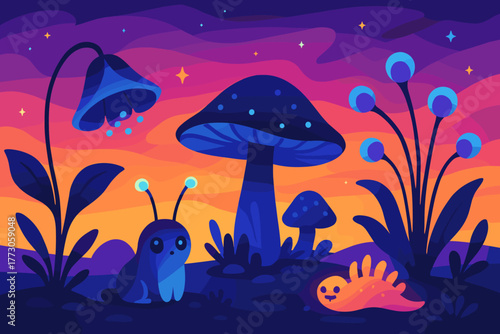 Cute glowing creatures in a colorful fantasy forest