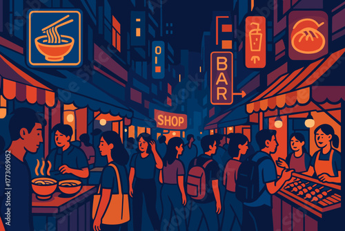 Busy night market with street food vendors and neon signs