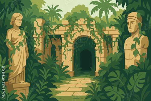 Ancient ruins with statues overgrown by jungle vegetation