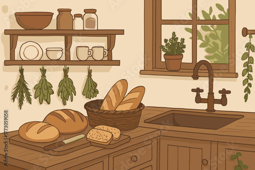 Cozy rustic kitchen with fresh bread and herbs