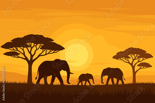 Elephants walking through savanna at sunset