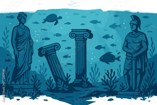 Ancient ruins and statues underwater with marine life