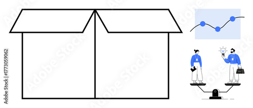 Open box symbolizing creativity, team discussing on scales with light bulb idea, connected line graph. Ideal for innovation, collaboration, problem-solving, analytics, brainstorming, balance