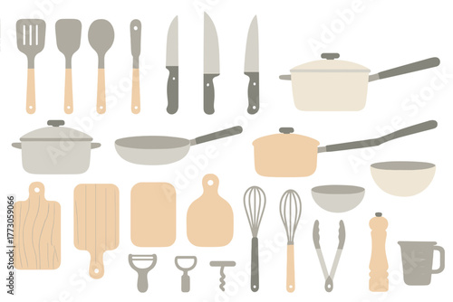 Kitchen utensil and cookware set on metallic background