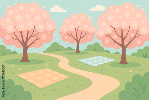 Spring picnic scene with cherry blossom trees and blankets