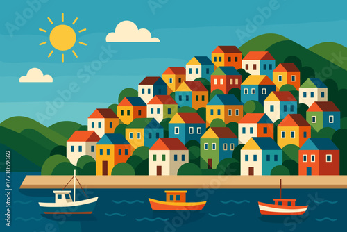 Colorful coastal town with boats and hillside houses