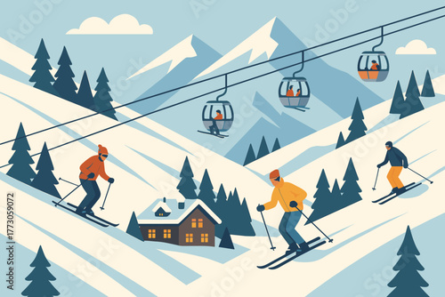 Winter ski resort scene with skiers and cable cars