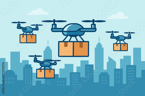 Delivery drones flying over city skyline with packages